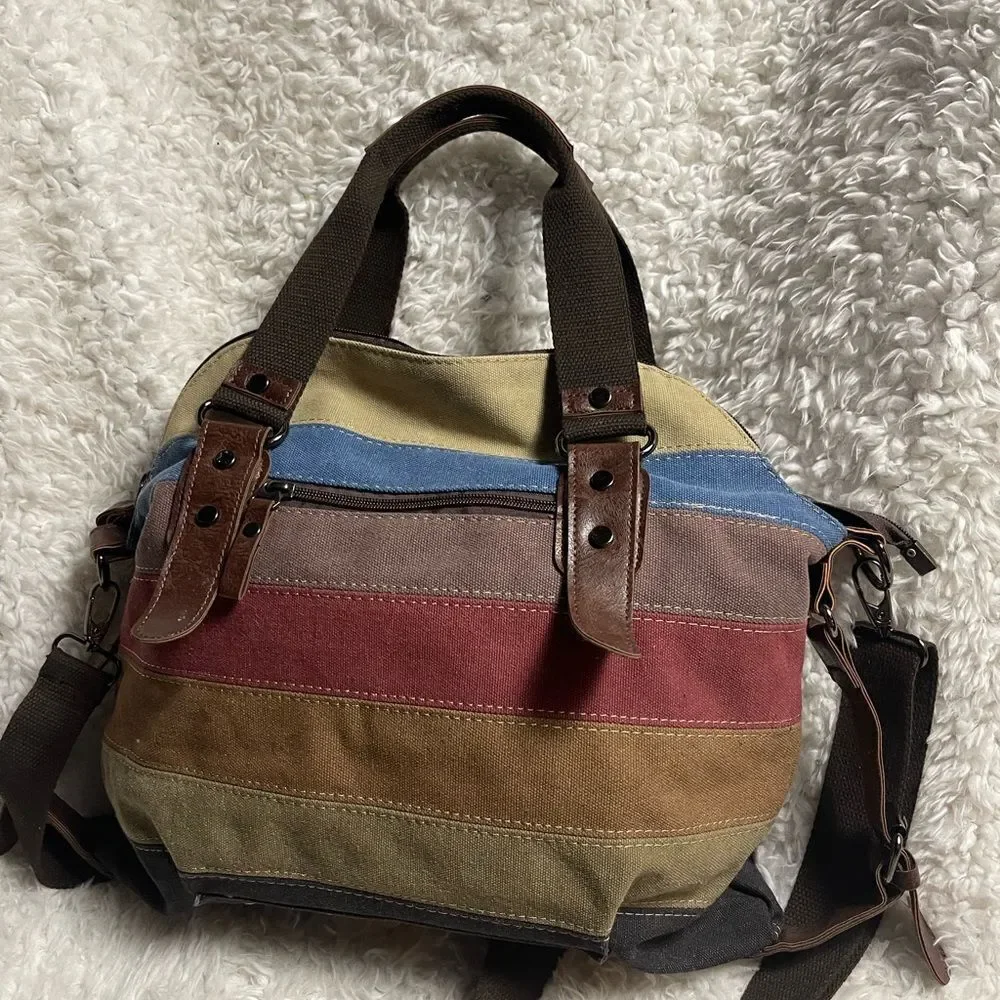 SUNSHINEJING Striped Canvas Tote Crossbody Strap Double Handles
